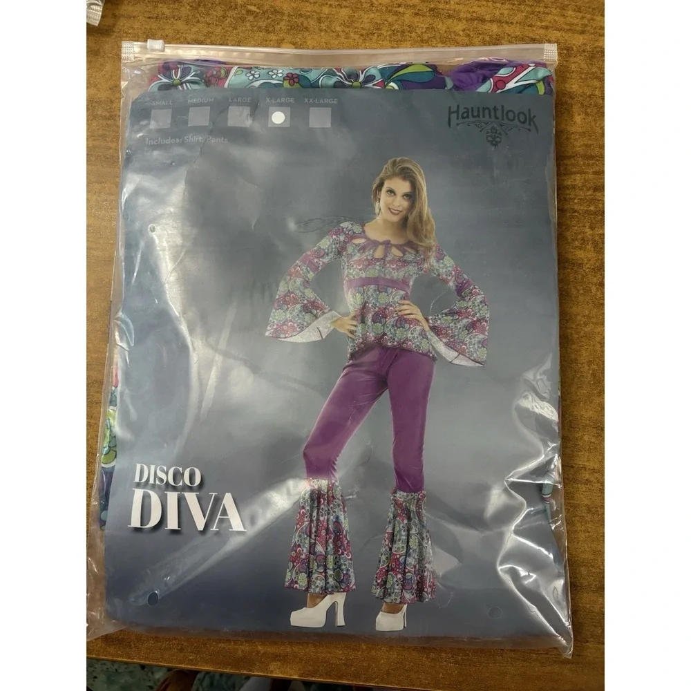 Hauntlook Disco Diva 70s Costume Womens XL Purple Floral Bell Sleeve Flare Pants